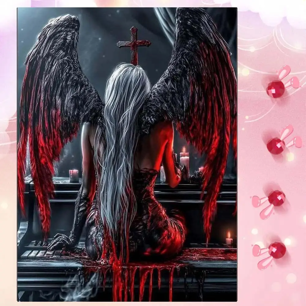 5D DIY Full Drill Round Diamond Painting - Diamond Art Kit Handicraft Black Wings, White Hair, Red Cross Mosaic, Canvas - DIY Decorative Painting, Home Wall Decor, Suitable for Halloween and Christmas, Birthday and Anniversary Gifts Diamond Painting Kits
