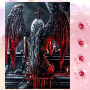5D DIY Full Drill Round Diamond Painting - Diamond Art Kit Black Wings, White Hair, Red Cross Mosaic, Canvas - DIY Decorative Painting, Home Wall Decor, Suitable for Halloween and Christmas, Birthday and Anniversary Gifts Diamond Painting Kits