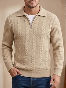 Men's Polyester Long Sleeve Quarter-Zip Zipper Polo Pullover, Menswear Knitwear Cable-Knit Texture, Smart Regular Fit Sweater for Spring & Autumn, Ideal for Office Business Casual Outfits