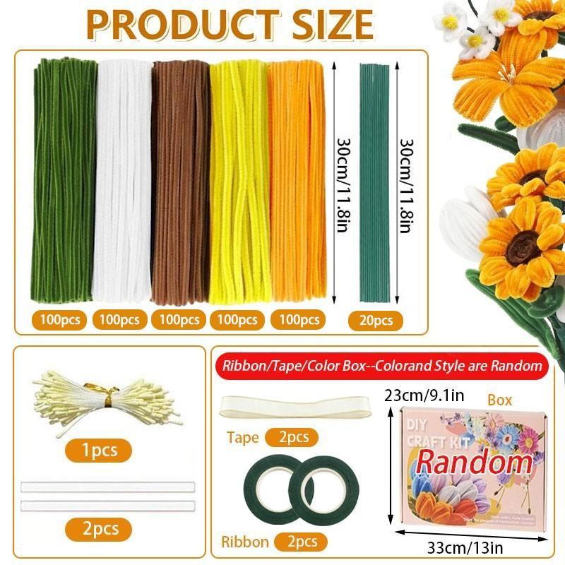 400pcs/set DIY Floral Pipe Cleaner Craft Kit, 4 Mixed-Color Furry Stems for DIY Flower Making, Includes Floral Wire, Tape, Stamens and Ribbon, Ideal for Birthdays, Weddings, Graduations and Other Occasions
