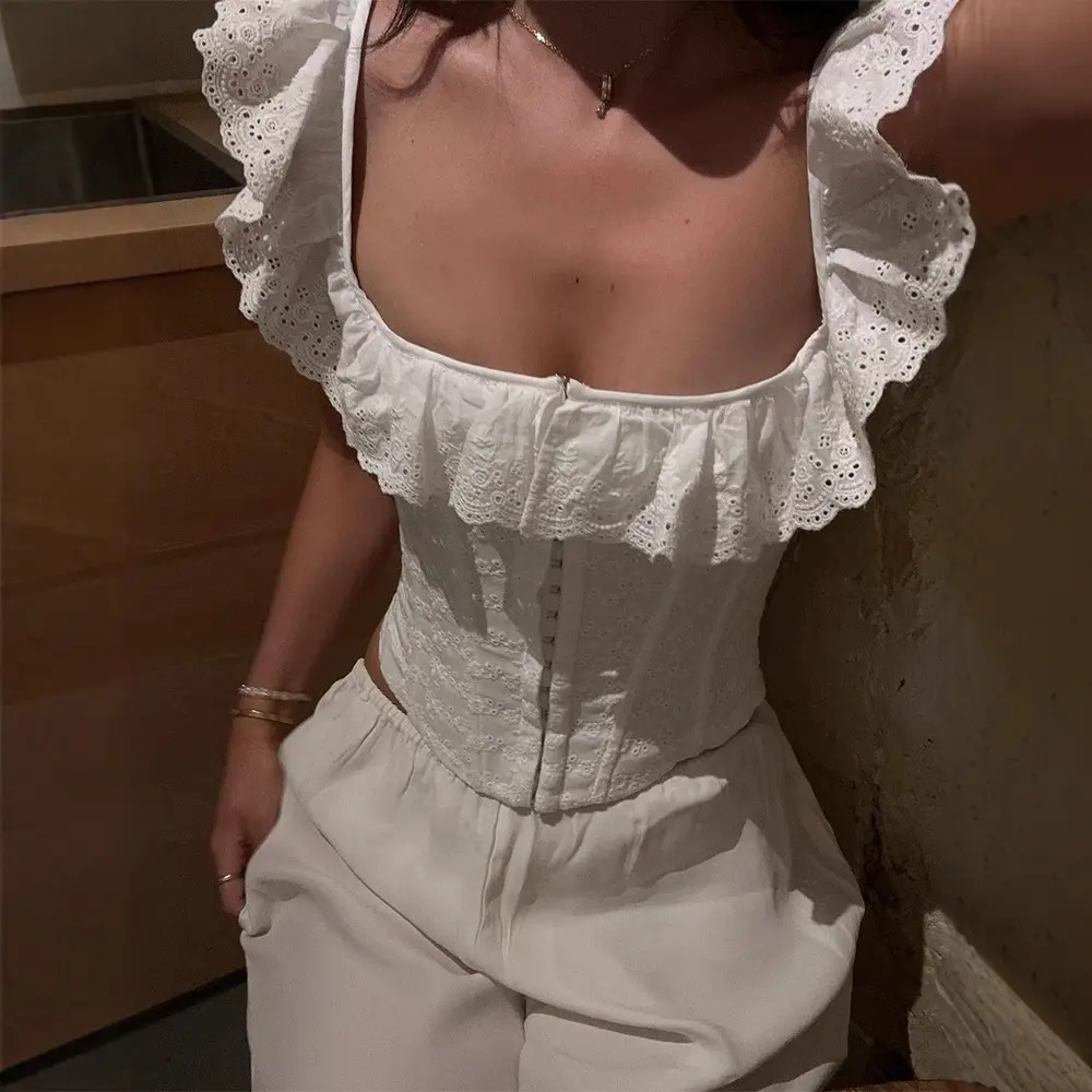 Women's Elegant Basic Chic Short Eyelet Embroidery Corset Blouse - Square Neck, Butterfly Sleeve, Backless, Adjustable Lace-Up Top for Summer Daily, Party Outdoors