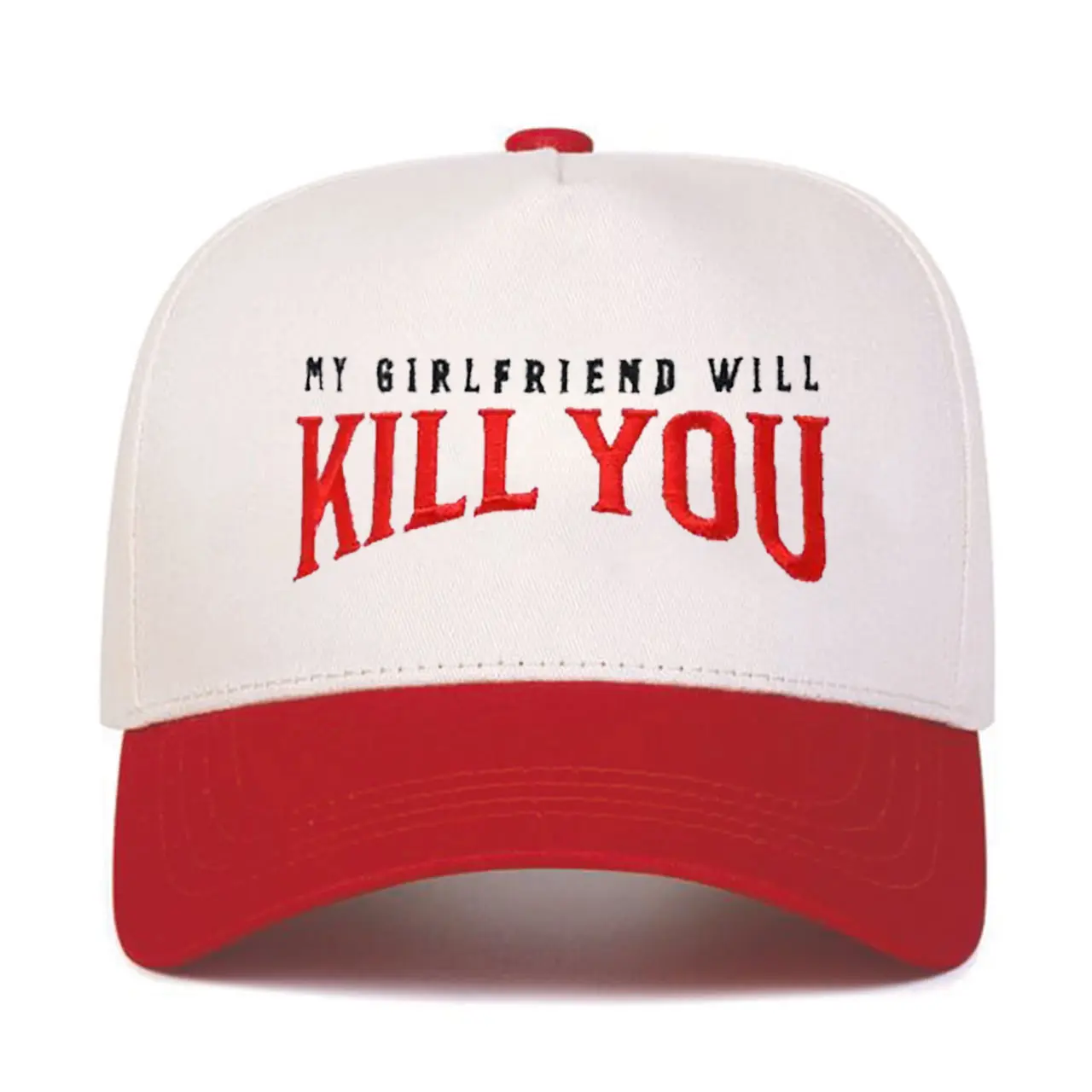 My Girlfriend Will Kill You Embroidered Trucker Hat, Funny Boyfriend Two Tone Hat, Adjustable Husband Cap, Humor Embroidered Casual Hat, Funny Goift Idea