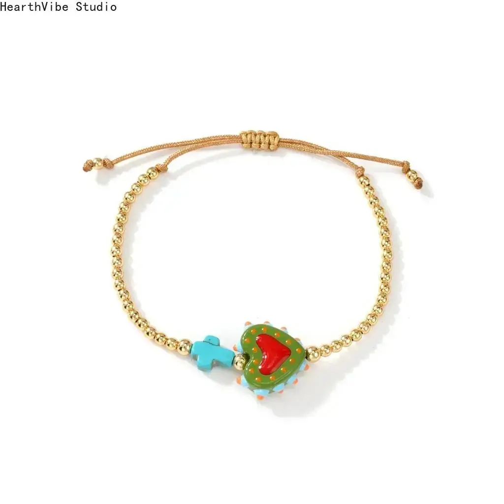 Trendy Beaded Crucifix Heart Bracelet, Vibrant Y2K Charm Wristband with Alloy Clasp, Aesthetic Cross Catholic Jewelry for Unisex Gift, Retro Punk Bangle for Daily Streetwear & Festival Rave