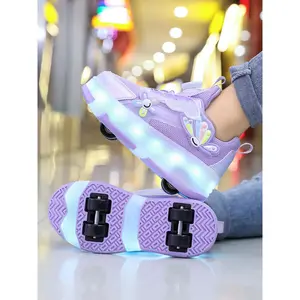Girls' Four-Wheel Roller Skates, New Wheel Sports Shoes, Adjustable Rotating Buckle, Breathable Mesh, LED Light, USB Charging