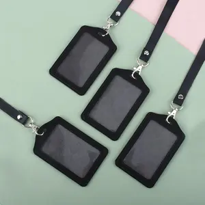 Artificial Leather Card Holder with Lanyard, Simple Portable ID Card Case, Multi-Purpose Document Protector, Conference Pass