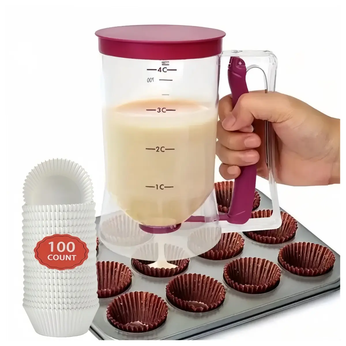 Pancake Cupcake Batter Dispenser,With 100 Count White Cupcake Liners Grease-Proof Baking Cups Paper， Bakeware Maker with Measuring Label, Perfect Baking Tool for Cupcakes, Waffles, Muffin Mix, Cake or Any Baked Goods