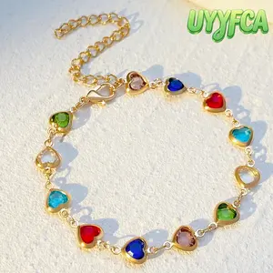 UYYFCA Women's Gold Plated Multi-Color Heart Zircon Charm Bracelet, Bezel-Set Sparkling Crystal Chain, Adjustable Wrist Jewelry for Daily Wear, Parties and Gifting