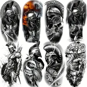 8 Sheets Cool Knight Warrior Temporary Tattoos Stickers, Realistic Gladiator Hero Design, Waterproof Forearm Sleeve Decals for Men Women Adults, Temporary Fake Tattoo