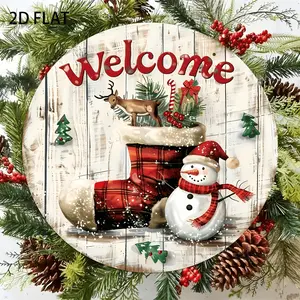 Festive 2D Flat Decorative Welcome Sign Featuring Snowman and Reindeer Ideal for Holiday and Winter Door Decor