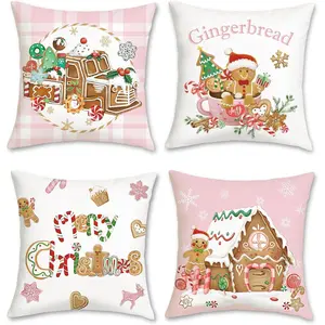 Christmas Gingerbread Pillowcase Cover 18 x 18 inches Truck Gingerbread House Hot Cocoa Pink Decorative Pillowcase Suitable for Sofa Beds, Home Winter Holiday Decor 4-Piece Set