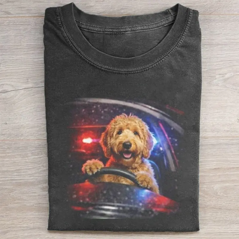 Comfort Colors Funny Goldendoodle Driving Car T-shirt, Vintage 90s Dog Meme Graphic Tee, Animal Lover Gift, Unisex Fit Design, Gift for Men and Women