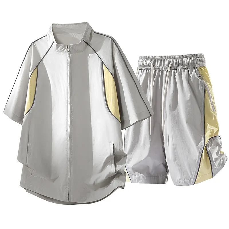 Male Fashion 2-Piece Quick Dry Tracksuit - New Summer White & Purple Color Block, Full Zip Stand Collar Short Sleeve Jacket, 5in Elastic Drawstring Waist Shorts, Breathable Crinkled Fabric for Outdoor Hiking Athletic Use, Colorblock, Casual, Machine Washa