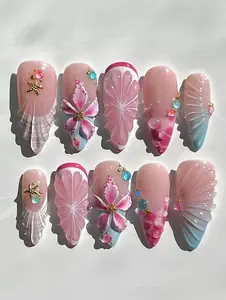 Mermaidcore Press On Nails, 3D Seashell and Tropical Flower Nails, Pink and Blue Ocean Fake Nails, Beach Vacation Nails
