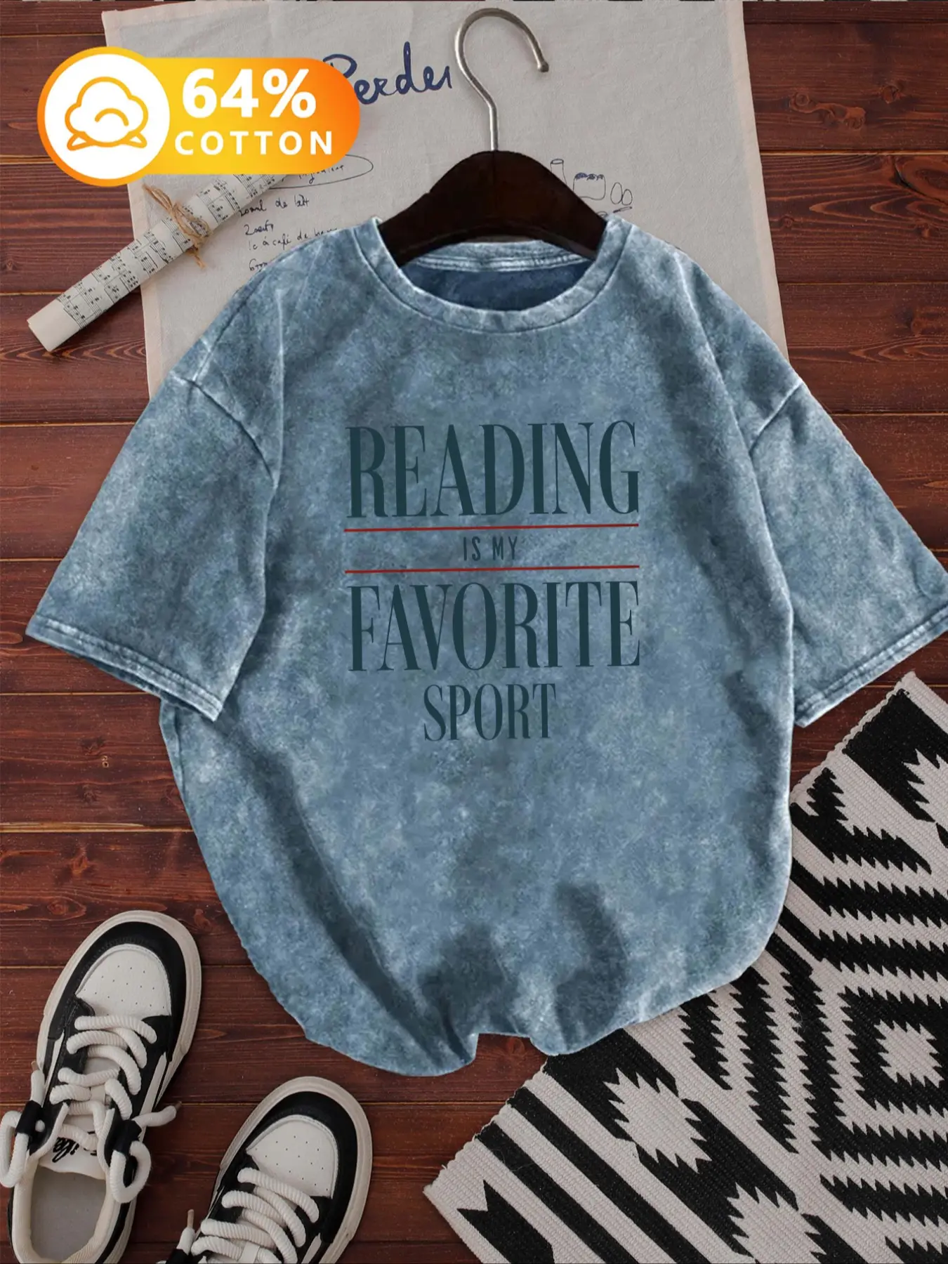 Text Round Neck Washed T-Shirt, Vintage Feel, 'reading Is My Favorite Sport' Simple Text Print, Casual Long Fit, Artistic Style