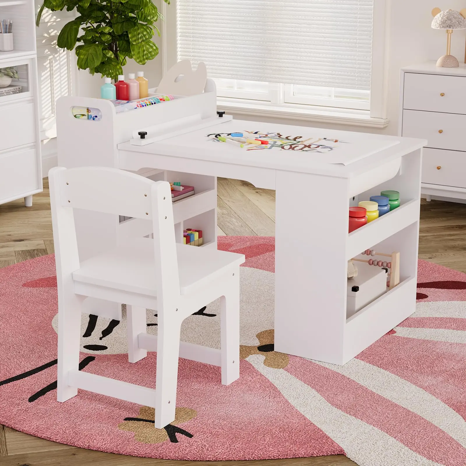 Kids Art Table, Large Kids Craft Table with 2 Chairs, Multi-Functional Art Desk with Storage Shelves for Children Room, Kindergarten, White table study desk
