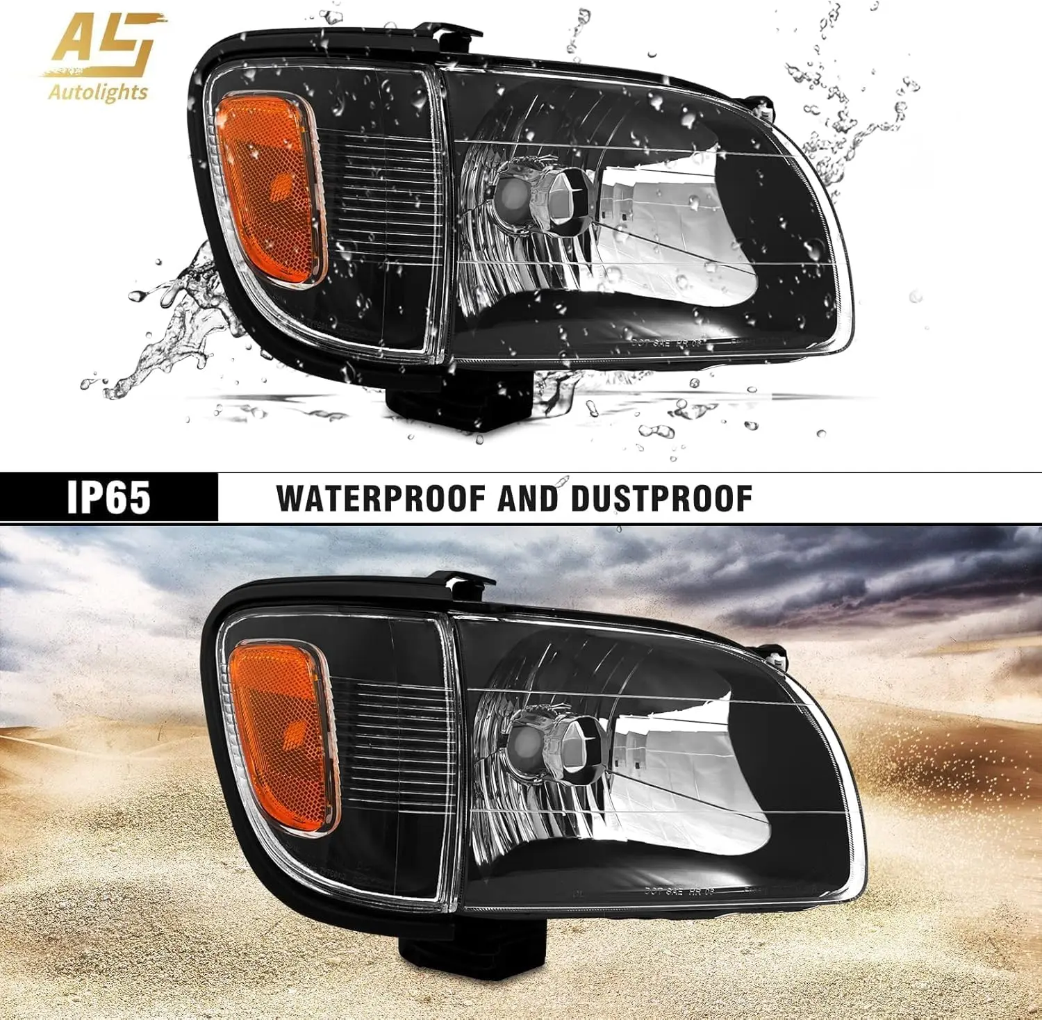 AS IP65 Rated Waterproof Headlight Pair Set, Road Legal Complete Assembly with Corner Signal + Light & Bumper Lights, Black Housing, Amber Reflector, Compatible with 2001-2004 Toyota Tacoma (Driver & Passenger Side)
