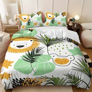 Bedding 3-piece set - 3PCS,Green and Brown Lion and Monkey Plant Design Down Comforter Set (1 comforter cover + 2 pillowcases, filling not included) - soft and comfortable, suitable for family bedrooms.