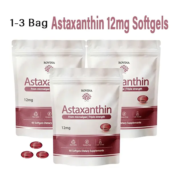 1-3 BAG Astaxanthin 12mg Softgels, Triple Strength Antioxidant from Natural Microalgae, Supports Healthy Skin, Eye, Joint & Cellular Health, Non-GMO, 60 Softgels