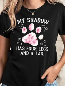 100% Cotton Women's Floral Paw Print & Slogan Graphic T-Shirt - Soft Breathable Round Neck Short Sleeve Casual Tee, Machine Washable Regular Fit for Casual Attire, Ladies T Shirts, Decorative Slogan Tee, Comfortable Fit Shirt