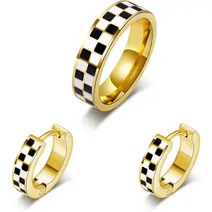 Checkered Jewelry Set for Women - 18K Gold Plated Stainless Steel Checkerboard Ring & Black and White Checkered Hypoallergenic Chunky Huggie Hoop Earring, Gift-Ready Packaging for Mother's Day Valentine's Day