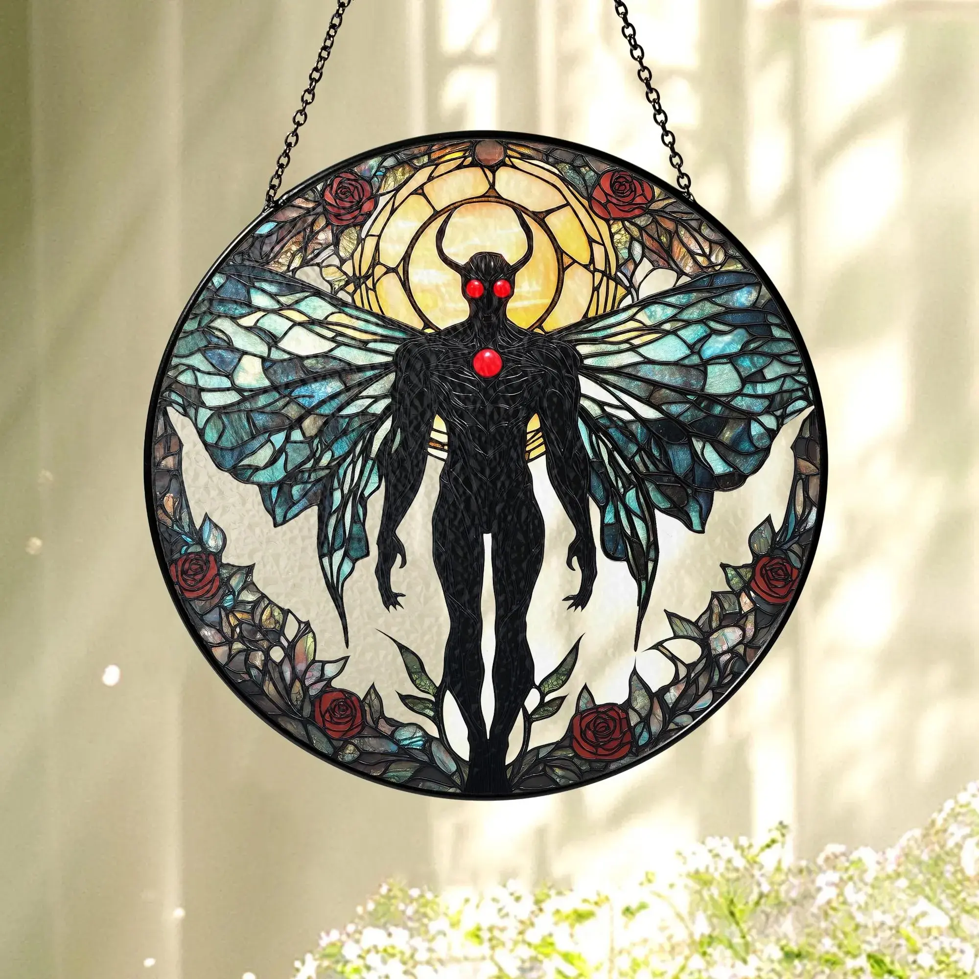 Mothman Glass Suncatcher, Gothic Cryptid Window Hanging, Mythical Creature Ornament, Gothic Paranormal Gift, Halloween Decor