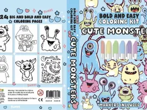 Cute Monsters Bold and Easy Coloring Kit with Markers - 24 Big Vibrant Pages for All Ages - Perfect Gift for Colorists