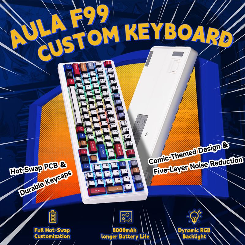 Aula F99PRO/F99/F75/F106PRO Wireless Gaming Keyboard with 8000mAh Battery, Hot Swappable Creamy Keyboard, 2.4GHz/Type-C/BT5.0 ( Graywood & Vector switches & Reaper Switch&Blaze Switch)