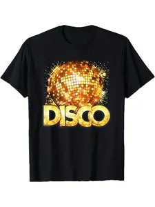 Disco Party Costume T-Shirt - Black with Golden Disco Ball Graphic - Unisex Adult Dance Party Outfit - 100% Cotton  70s80s Theme Shirt - Machine Washable Year-Round Wear for Clubs & Events, Festival Clothing, Bold Print Tee, Breathable Material