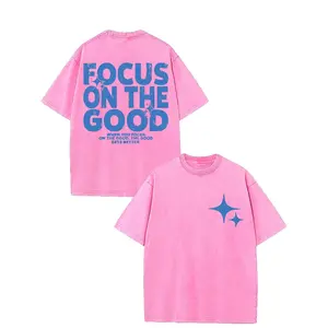 New Men'S Washed T-Shirt Featuring a Vintage Style with Double-Sided Prints of The Inspirational Phrase 'Focus on The Good' And Star Patterns. This Breathable Summer Casual Piece Is Machine Washable
