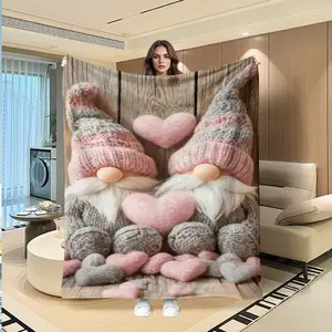 Knitted Gnome Heart Print Flannel Blanket, Thanksgiving Valentine Christmas Gift, Holiday Decorative Throw Rug, Cozy Throw Blanket