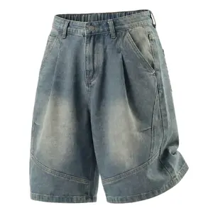 Men’s summer streetwear washed distressed denim shorts — structured workwear style, pleated straight cut, mid-length casual shorts from a trendy brand #SummerWins