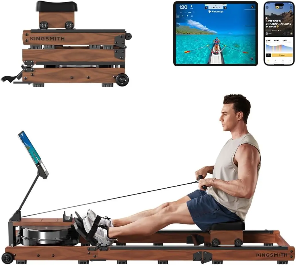KINGSMITH RMWR3  Tri-Folding Space Saving Rowing Machines for Home, Vertical & Horizontal Storage, Detachable Seat, Compact Foldable Row Machine, 400LB & 350LB Weight Capacity, Folding Rower Machine with Adjustable Resistance, Data Monitor, App Supported