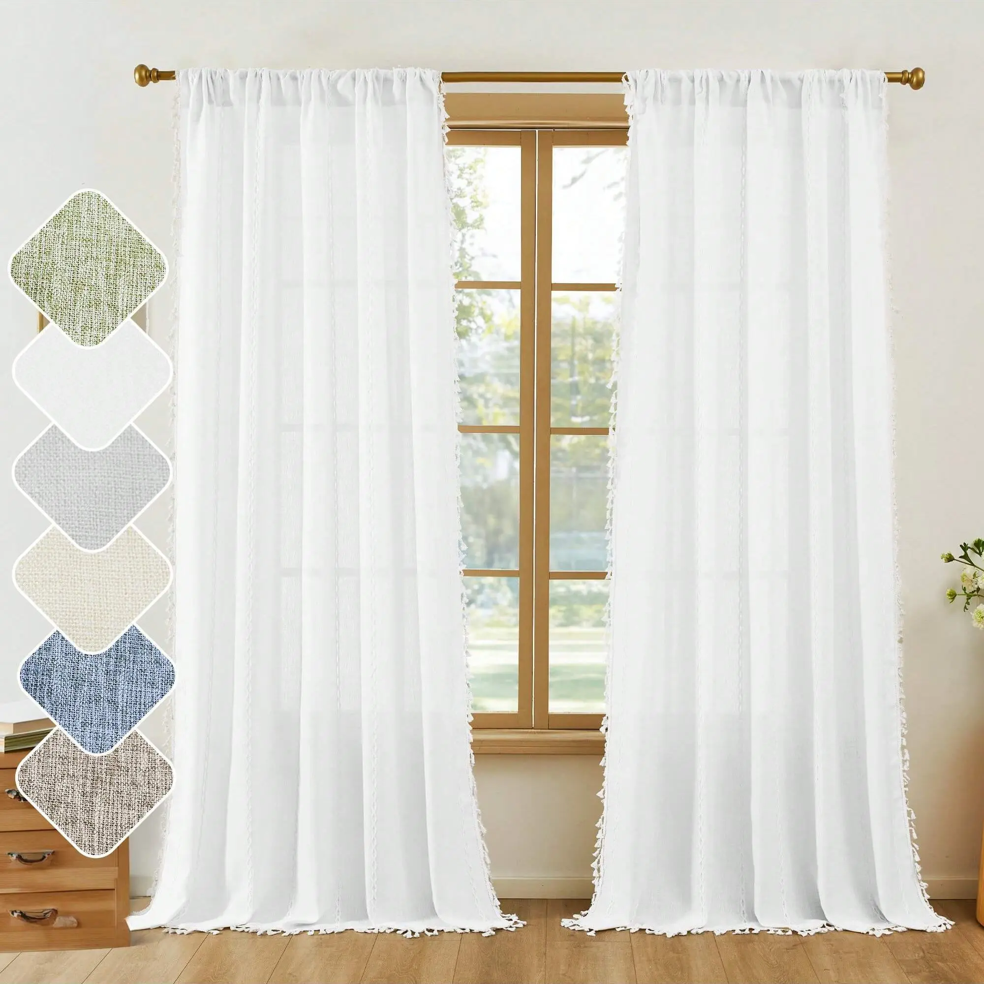 1 cortina transparente estilo bohemio con borlas y bordados, tratamiento de ventana que filtra la luz para dormitorio y sala de estar, decoración estética del hogar bohemio.