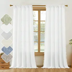 1 cortina transparente estilo bohemio con borlas y bordados, tratamiento de ventana que filtra la luz para dormitorio y sala de estar, decoración estética del hogar bohemio.