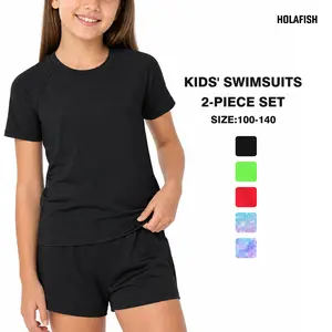 Holafish Girls Swimsuits Two Piece Rash Guard Set Short Sleeve Bathing Suit Liner Swimwear with Sun Protection 3-10Y