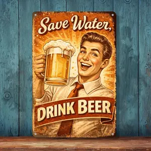 Funny Beer Metal Sign 8x12 Inch Vintage Retro Bar Wall Decor Rustic Tin Sign “Save Water Drink Beer” Man Cave Pub Gift for Men