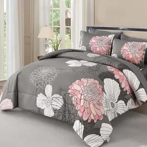 Grey Pink Comforter King Size 7 Floral a Bag Boho Comforter Microfiber Sets for with Flat Sheet Pillowcases  Pillowshams