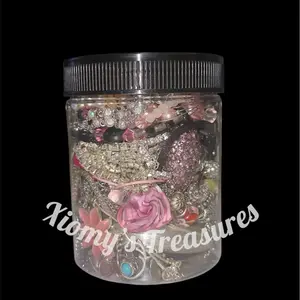 Xiomy's Treasures Jewelry Jar Filled with Misc Jewelry & Decorative Elements Various Sizes Themes Stylish Plastic Canister for Necklaces Bracelets Earrings Studs Rings Brooches Versatile Organiser Storage Metal