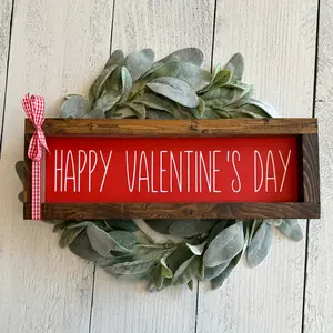 Red Happy Valentine's Day Farmhouse Style Decor Sign, Valentines Day Sign, Valentine's Tier Tray Sign Decoration, Tiered Tray Sign, Valentine Decor, Valentine's Day Gift, Framed Sign, Oblong Framed Sign, Wooden Valentine's Day Sign