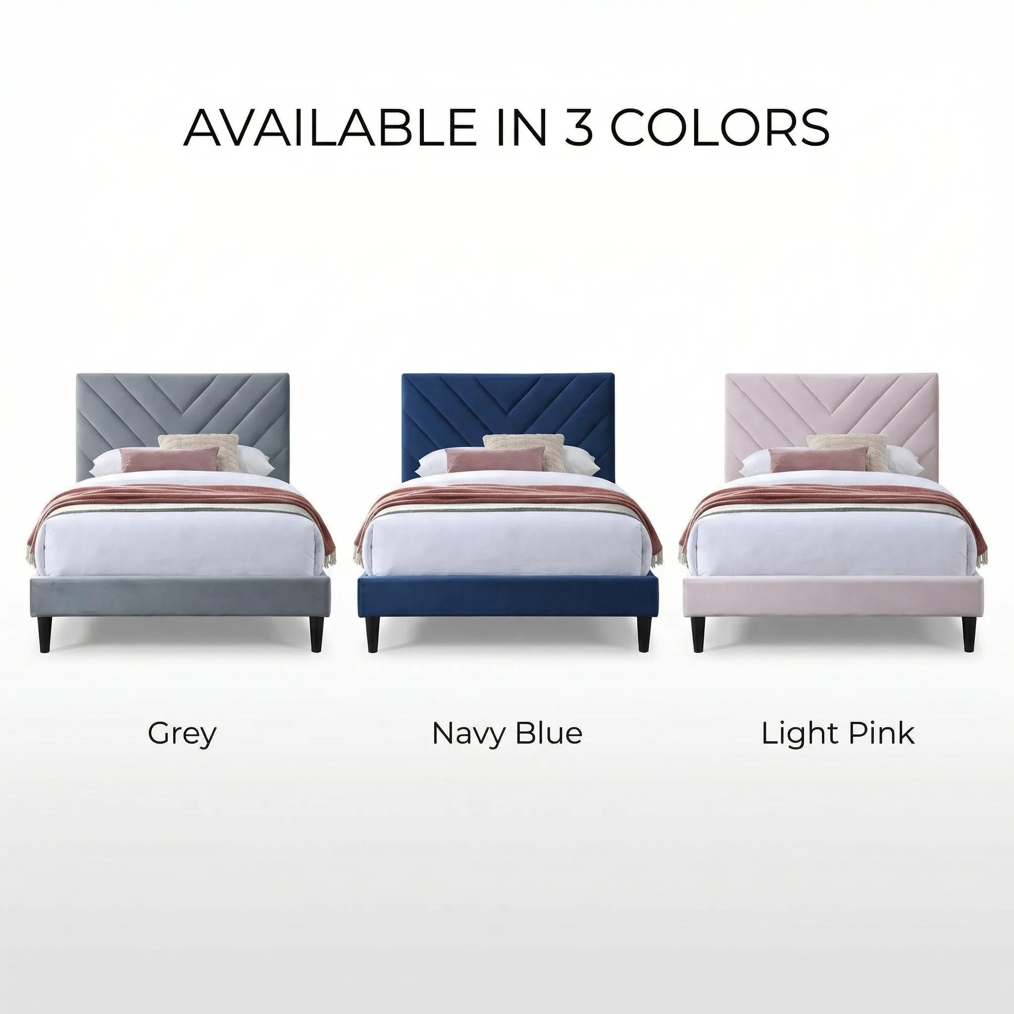 Twin Size Bed Frame with Mattress Included, Upholstered Velvet Platform Bed with V-Stitch Headboard, Wood Slat Support, No Box Spring Needed – Cama Twin con Colchón Twin Size Bed Frame with Mattress Included, Upholstered Velvet Platform Bed with V-Stitch Headboard, Wood Slat Support, No Box Spring Needed – Cama Twin con Colchón