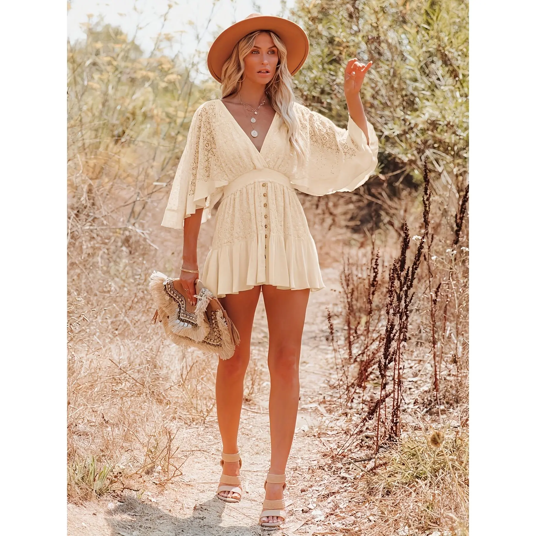Lace Splicing V-neck Vacation Dress, Bohemian Flare Sleeve Ruffle Hem Mini Dress For Spring & Summer, Women's Clothing