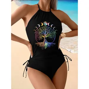Bohemian style tree of life moon phase vintage two-piece tankini swimsuit, summer drawstring halter neck tummy control swimwear, Halter Tops, Women's Swimsuits