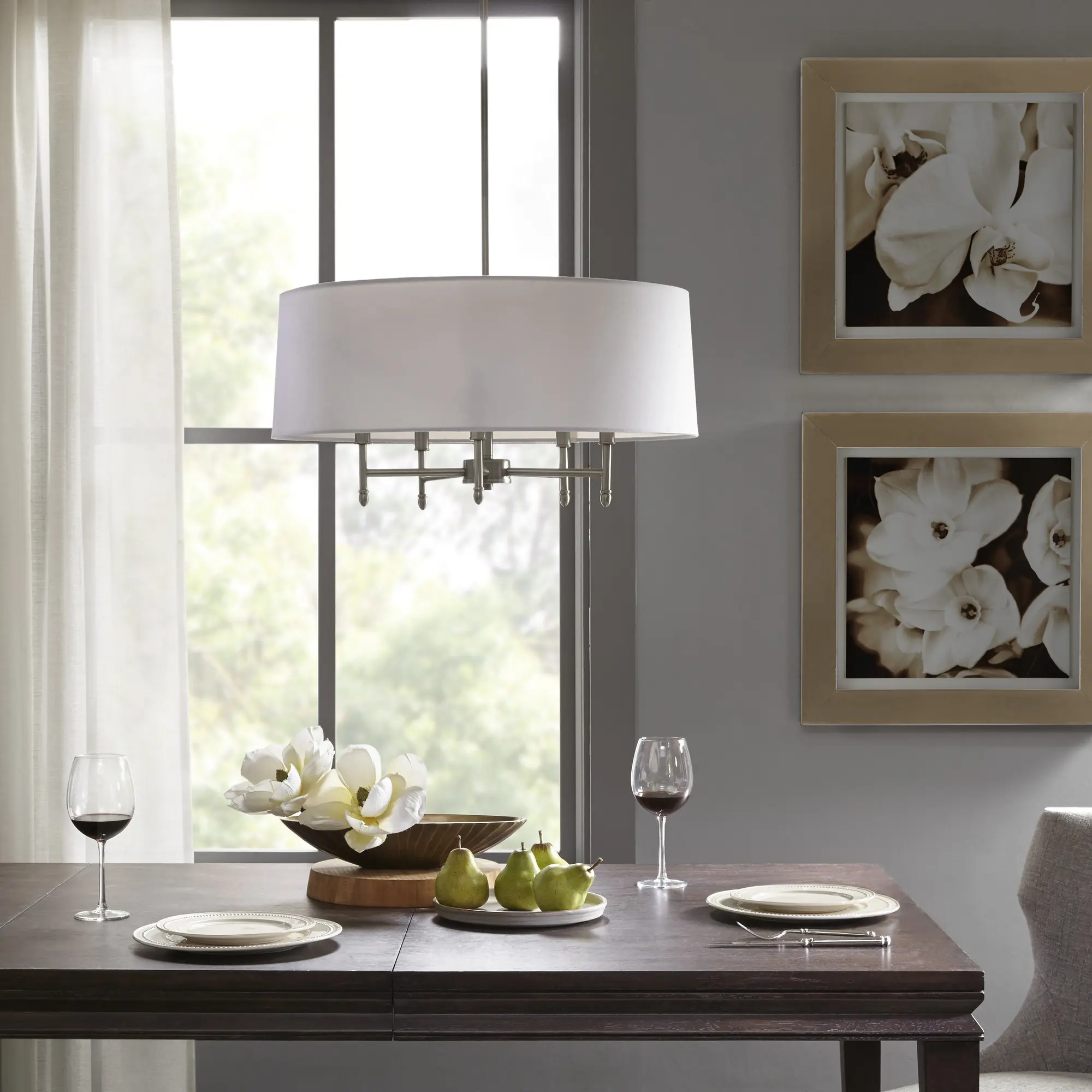 White Fabric Drum Shade Chandelier with 5 Lights, E26 Base, Hardwired Ceiling Fixture for Living Room, Dining Room, Bedroom, Kitchen, Hallway, Entryway, Foyer