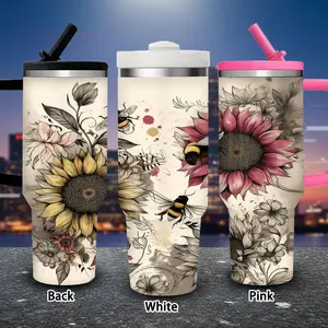 1 pc 40 oz hand-drawn botanical floral pattern tumbler with bees and sunflowers, with lid and straw; winter insulated travel mug; gift for women and men; ideal for Valentine’s Day, Easter, and birthdays; suitable for iced or hot coffee