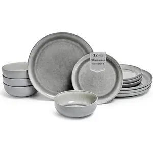Asher 12- Stoneware Dinnerware Set for 4, Gray Ceramic Plates and Bowls Sets, Modern Dish Set with Reactive , Durable Kitchen Dishes for Casual Dining, Microwave & Dishwasher Safe