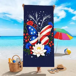 Patriotic Butterfly Beach Towel - Embrace Summer Vibes with This Vibrant Navy Blue Towel Featuring a Stunning Butterfly Design Adorned with the American Flag. Perfect for Beach Trips with Its Decorative Elements, Straw Tote, and Seaside Essen