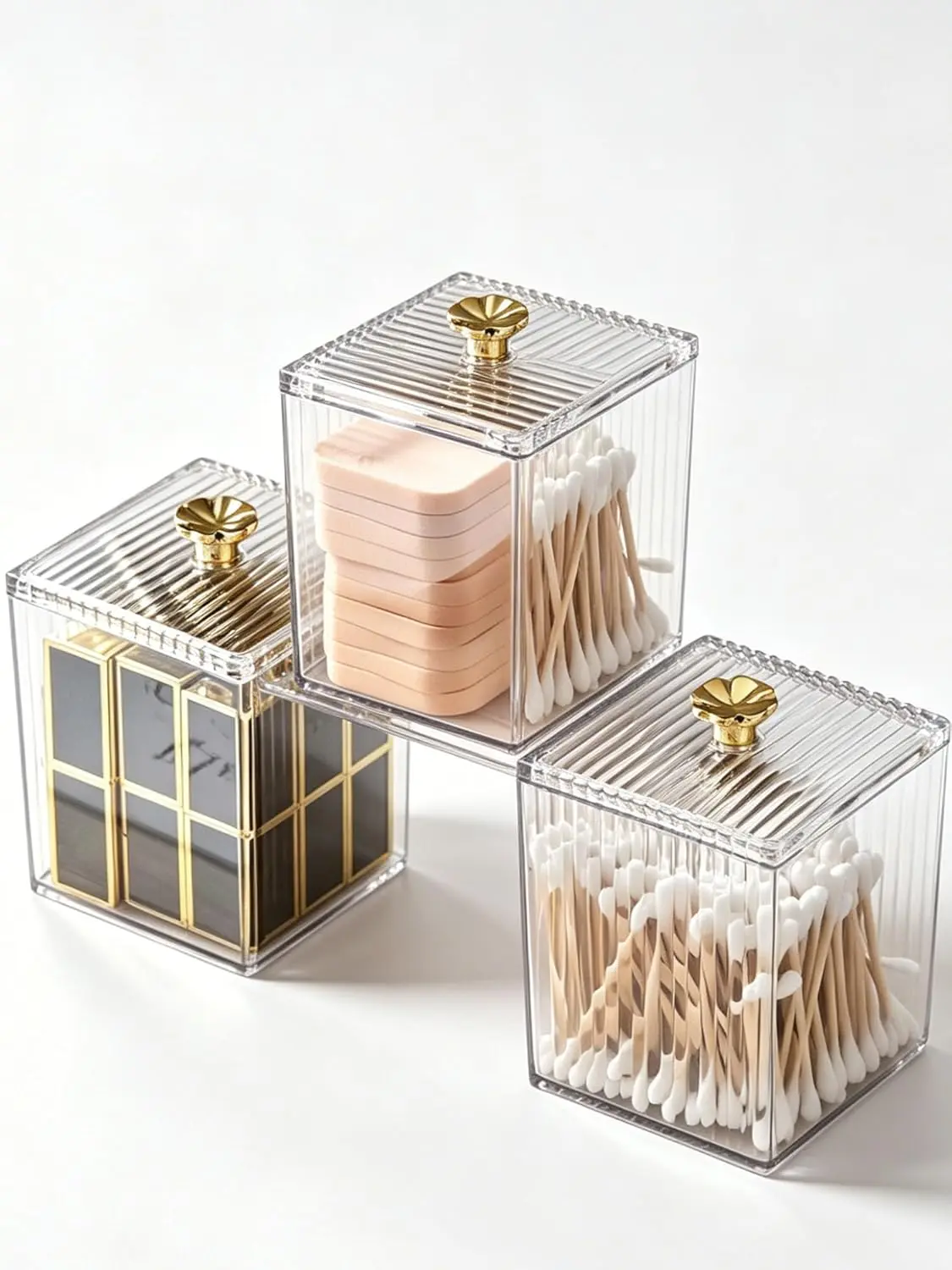 3 Pack 30oz Gold Plastic Q-Tip Holder Dispenser with Lid, Acrylic Bathroom Canister Storage Organizer for Cotton Swabs, Balls, Pads & Floss Picks, Apothecary Jar Set for Makeup Storage