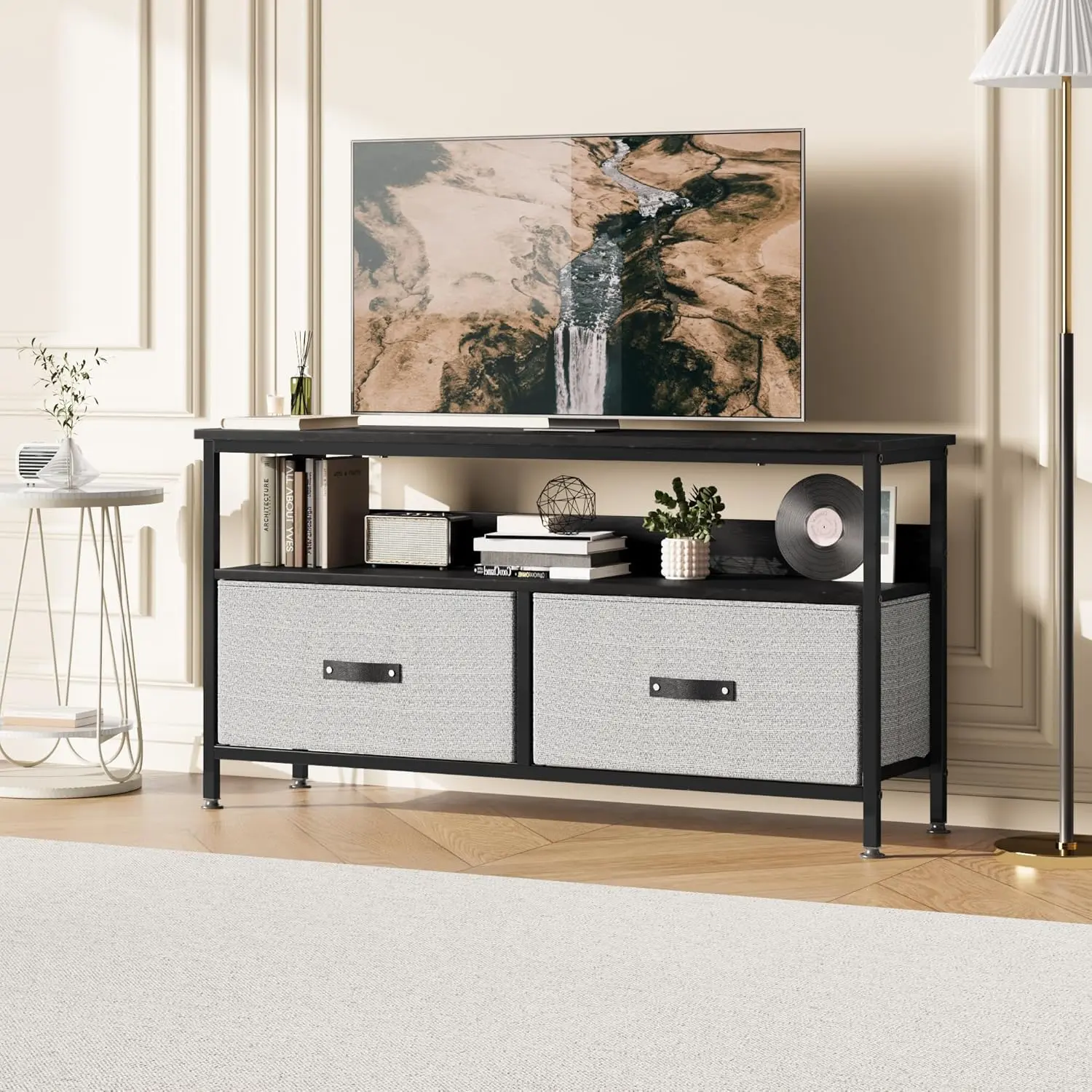 Black TV Stand Dresser with Storage, 2-Drawer Entertainment Center with Open Shelf for 32 to 55 Inch TVs, Media Console for Living Room - TikTok Shop Black TV Stand Dresser with Storage, 2-Drawer Entertainment Center with Open Shelf for 32 to 55 Inch TVs, Media Console for Living Room - TikTok Shop