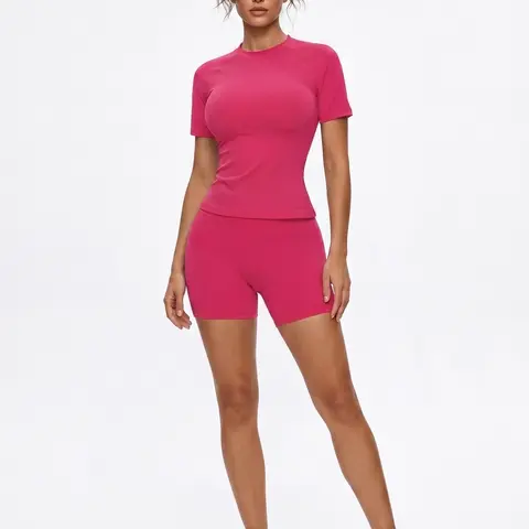 Women 2 Piece Activewear Matching Set Raglan Short Sleeve Crop Top Tummy Compression High Waist Glute Lifting Biker Shorts Stretch Seamless Gym Yoga Workout Tracksuit backtoschool,back to school,back to school haul