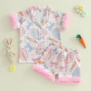 Imcute Toddler Kids Little Girls Easter Satin Pajamas Set Egg Bow Print Feather Trim Short Sleeve Button Down Sleepwear Pjs Set